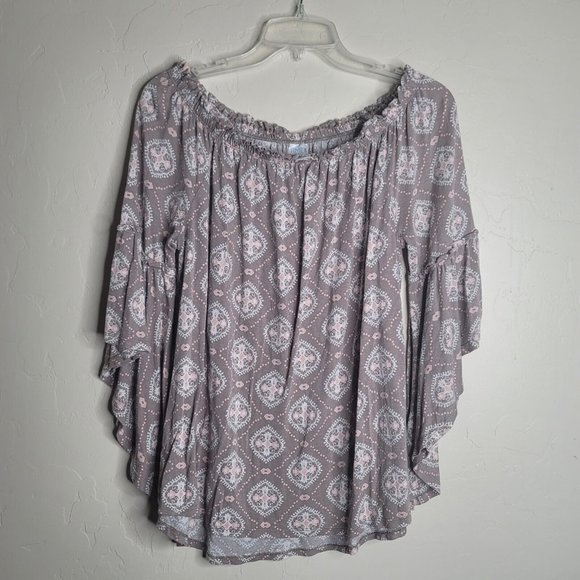 Time and Tru Blouse Size Medium Tan Pink White Bell Long Sleeve Floral - Picture 1 of 4